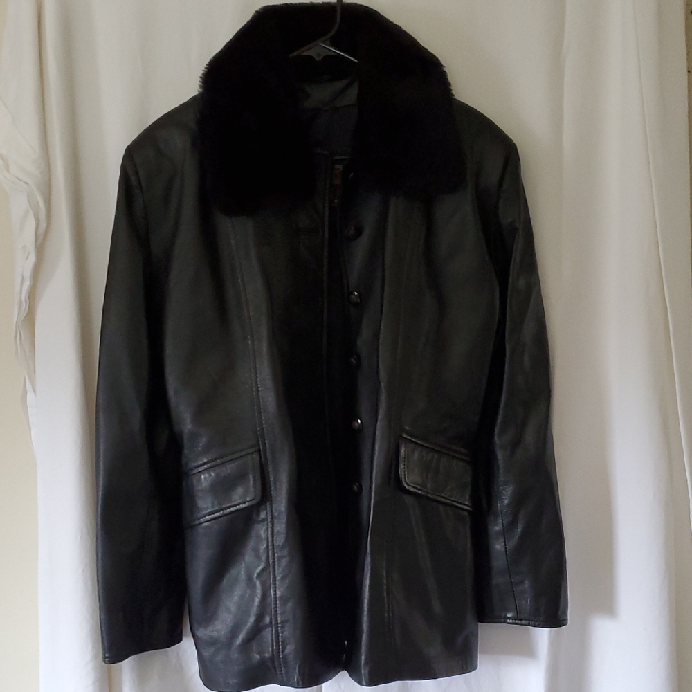 Women's Black Leather Jacket with Fur Collar
